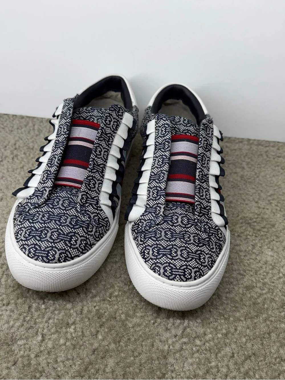 Tory Burch Navy, White & Red Patterned Slip-On Sneakers